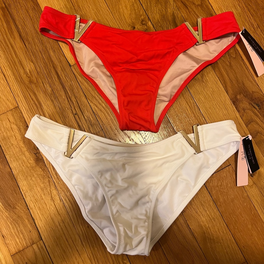 NWT Victoria’s Secret size small bikinis in white and red.